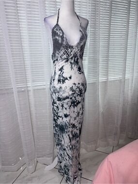 Women's Gray Tie-Dye Halter Lace Maxi Dress